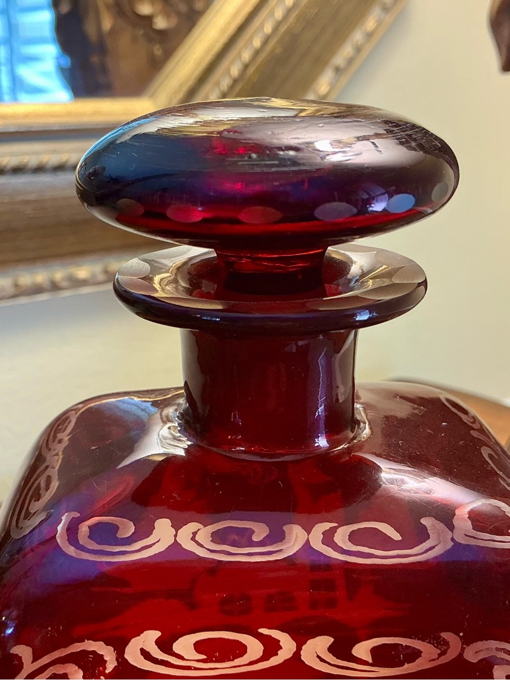 Bohemian Egermann Ruby Red Cut to Clear Glass Decanter with Stopper - Picture 5 of 8